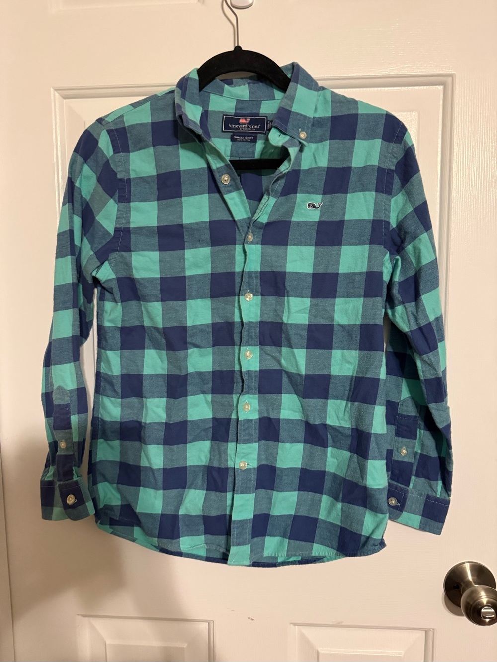 Vineyard Vines Boys Medium (12-14) Flannel Whale Shirt Blue Teal Plaid